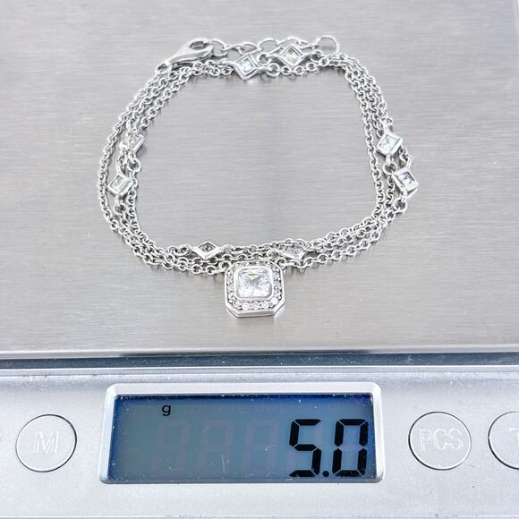 Vintage Sterling Silver 925 Cubic Zirconia Station Necklace Square Drop 18.5” - Picture 6 of 6